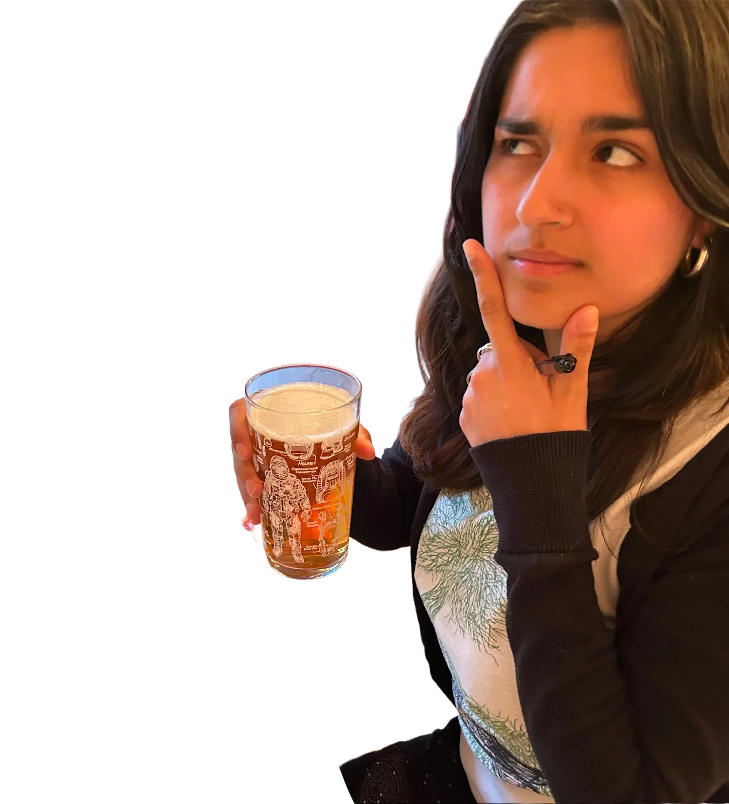 A person holding a pint and resting a hand against their chin.