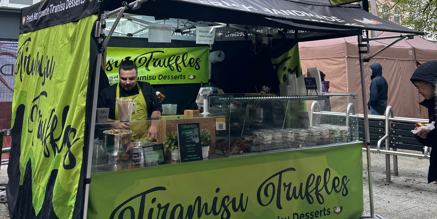 A tiramisu and truffles stall at a Cardiff food festival.