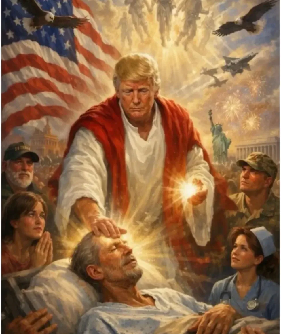Donald J Trump depicted in Christian imagery.