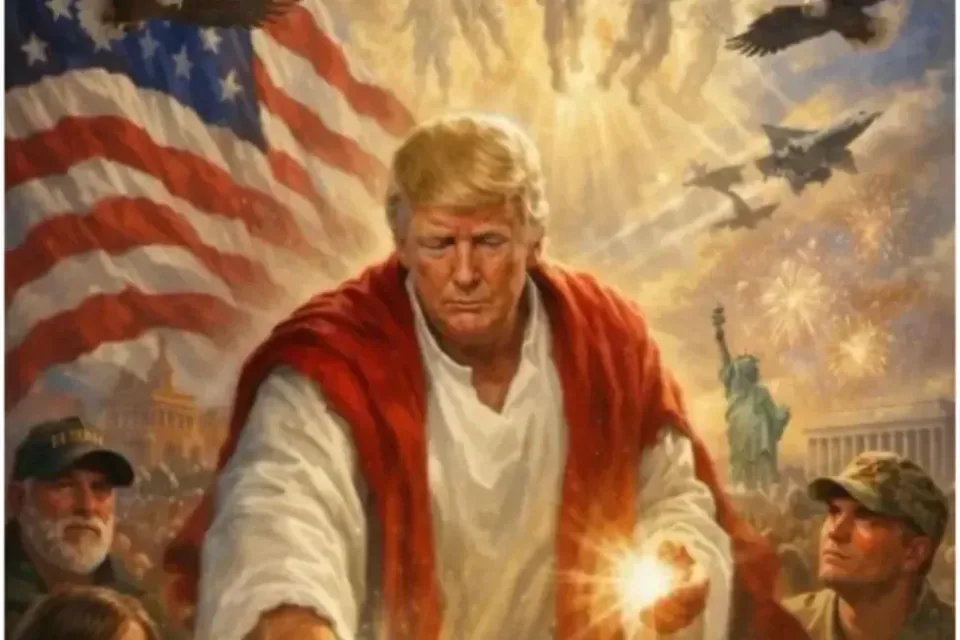 Donald J Trump depicted in Christian imagery.