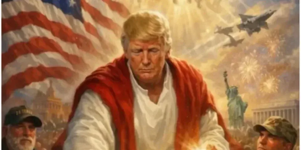 Donald J Trump depicted in Christian imagery.