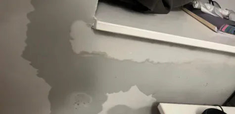 Peeling paint and discolouration below a window in a student house.