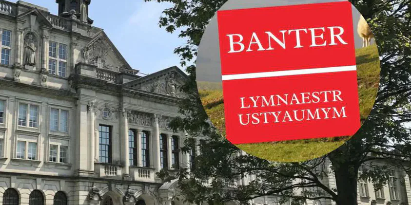 Cardiff University Main Building with Cardiff Uni Banter Instagram Logo